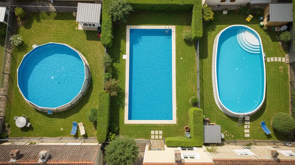 Vue aérienne comparative de piscines tubulaires rondes et rectangulaires dans jardins français