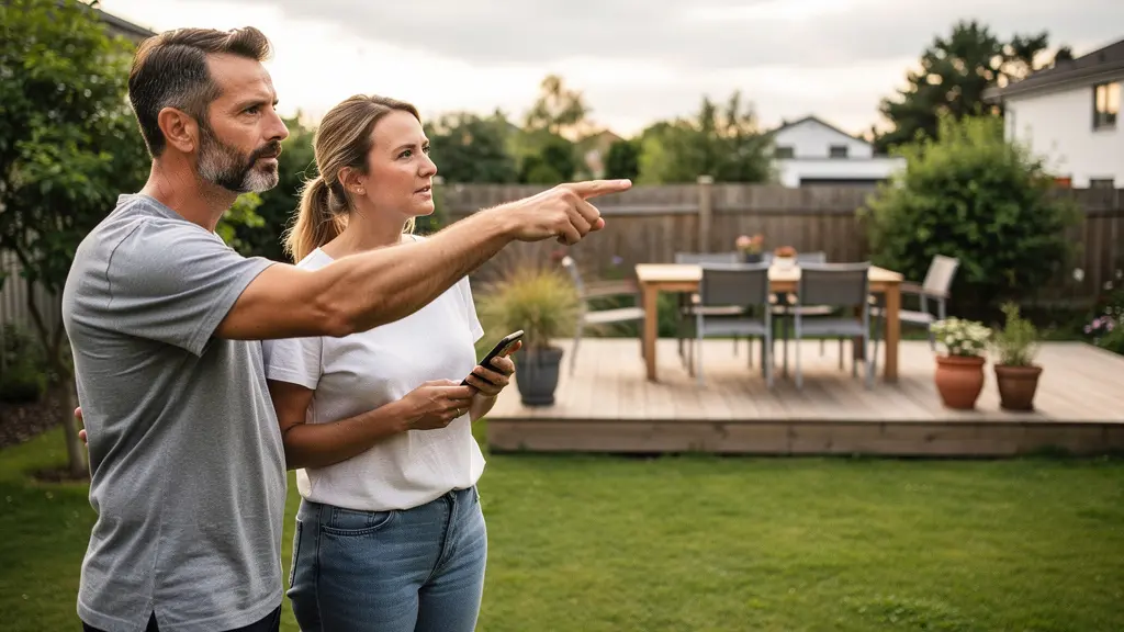 Couple discutant dans leur jardin en observant l'espace disponible pour installer une piscine tubulaire