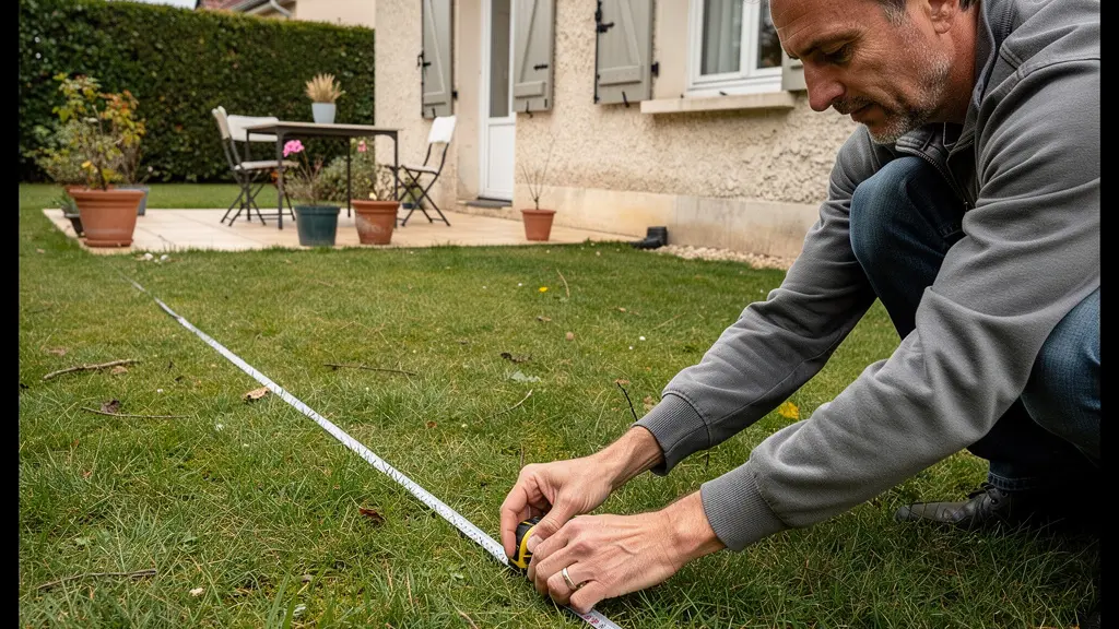Propriétaire mesurant l'espace jardin pour installation piscine tubulaire