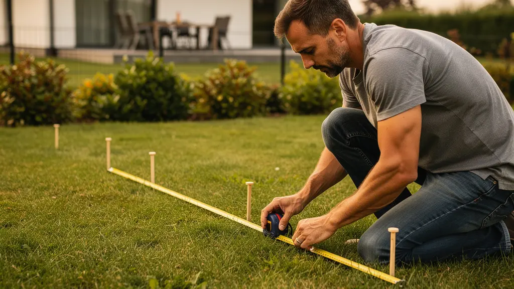 Personne mesurant son jardin avec mètre ruban pour définir emplacement piscine tubulaire