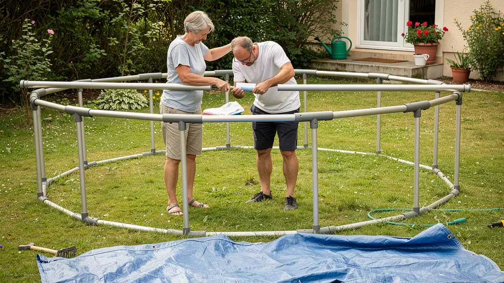 Couple assemblant structure métallique piscine tubulaire dans jardin