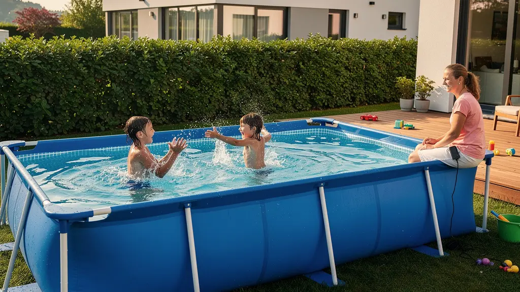 Piscine tubulaire rectangulaire installée dans jardin familial avec enfants jouant dans l'eau