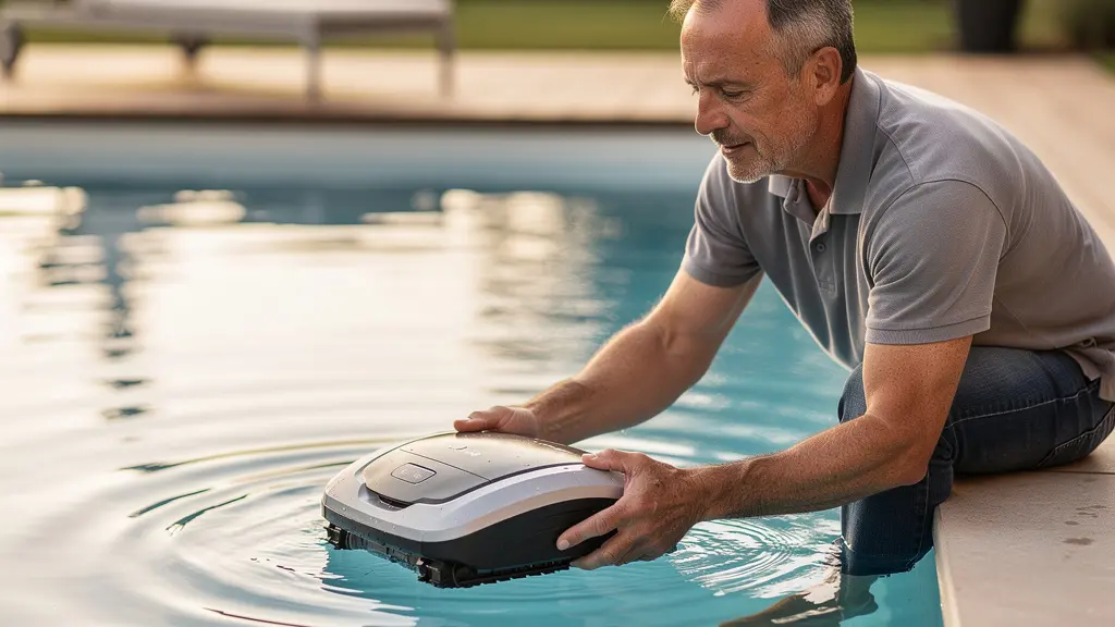 Propriétaire sortant un robot de piscine sans fil après nettoyage