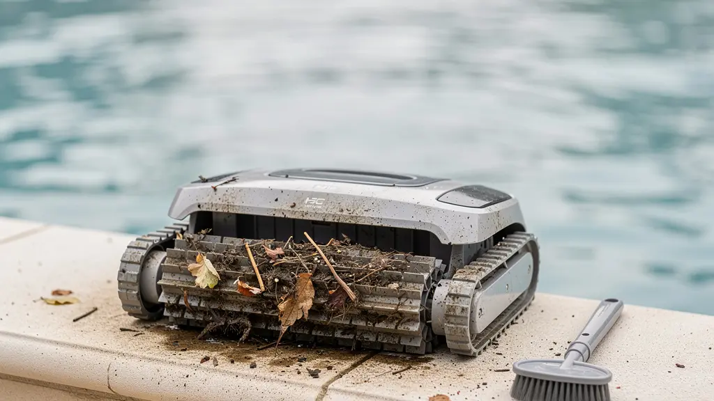 Robot de piscine retourné montrant un filtre encrassé de débris