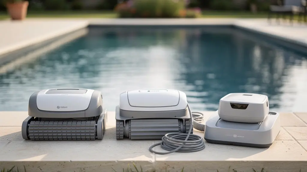 Trois types de robots piscine côte à côte sur margelle en pierre