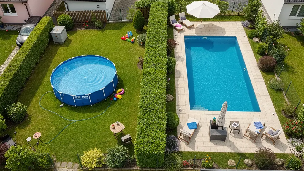 Vue aérienne de deux jardins voisins avec piscine ronde et rectangulaire pour comparaison visuelle
