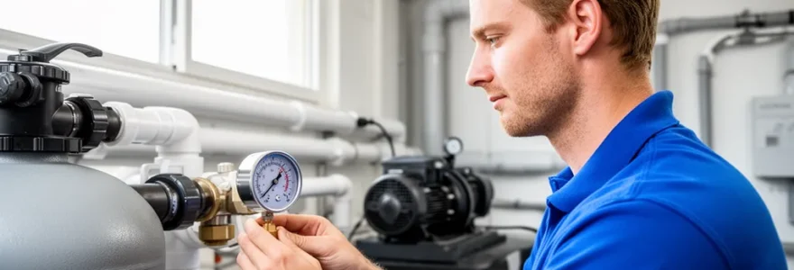 Technicien inspectant le manomètre d'un système de filtration piscine dans un local technique