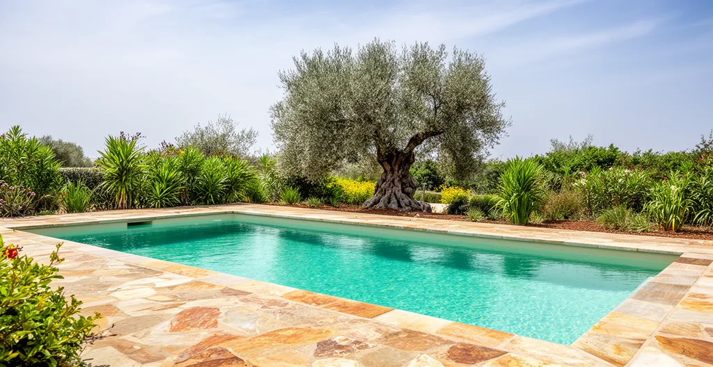 Piscine enterrée familiale avec eau turquoise claire dans un jardin méditerranéen