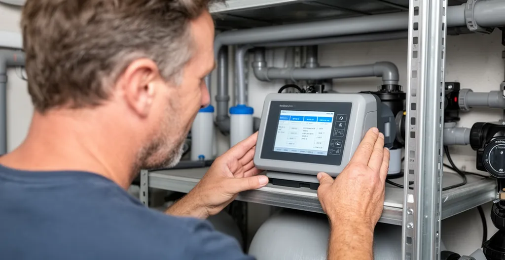 Propriétaire consultant le coffret de filtration digital dans son local technique piscine